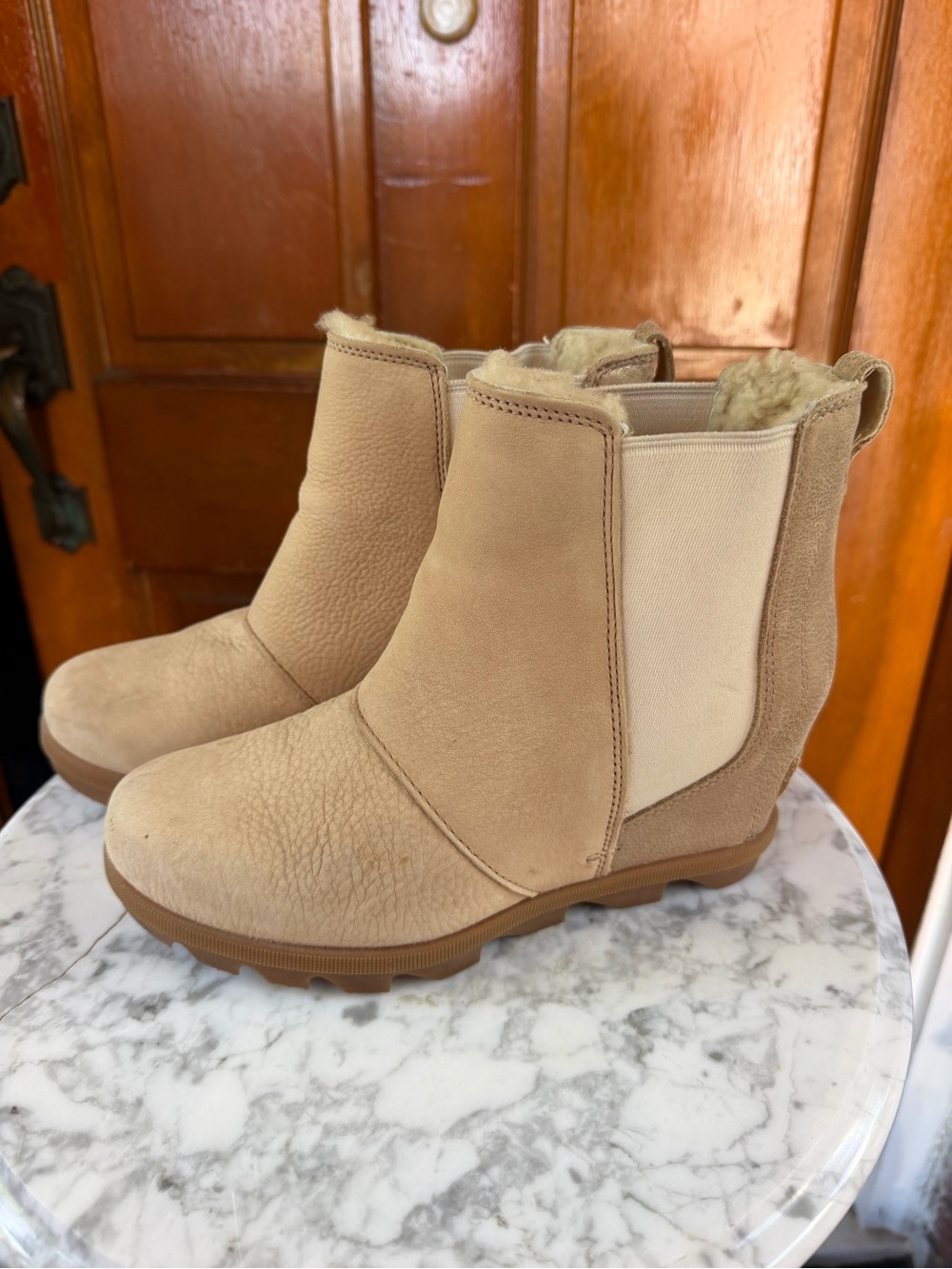 Womens Sorel Joan of Artic Fur Lined Wedge Chelsea Slip On Ankle Boots